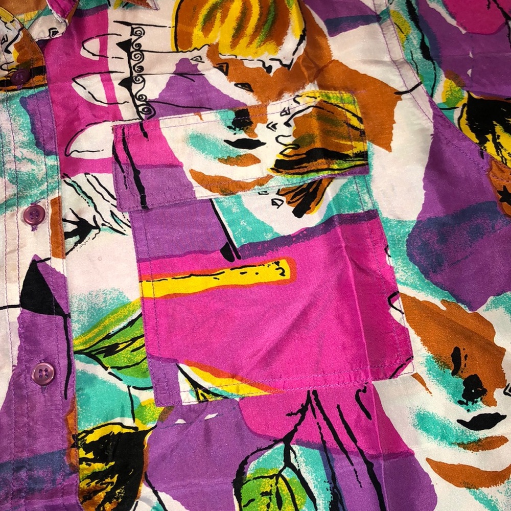 Vtg Abstract Colorful 1980's Silk Button Shirt M - image 5